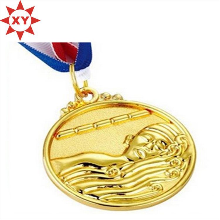 Gold Round Copper Swimming Medal with Engraved Logo