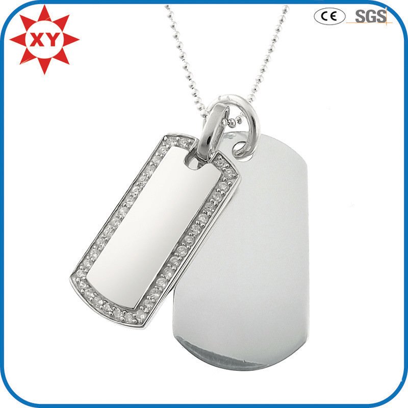 Thin CZ Border Dog Tag Double Silver Personalised